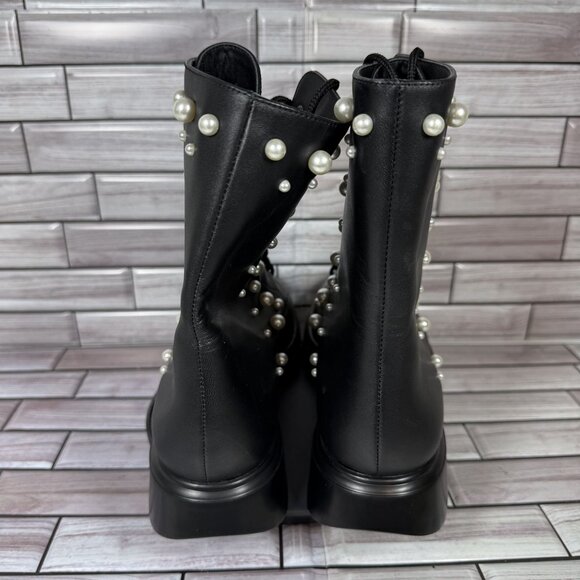 Stuart Weitzman Women's Black Mcknzee Pearl Studded Leather Combat Boots Size 9 - Picture 4 of 7